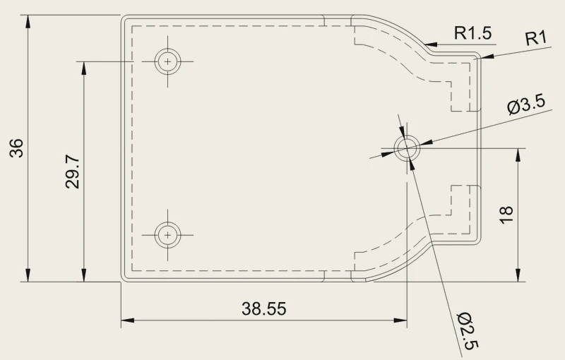 Dimensioned technical drawing of an end cap with radii and fixing holes