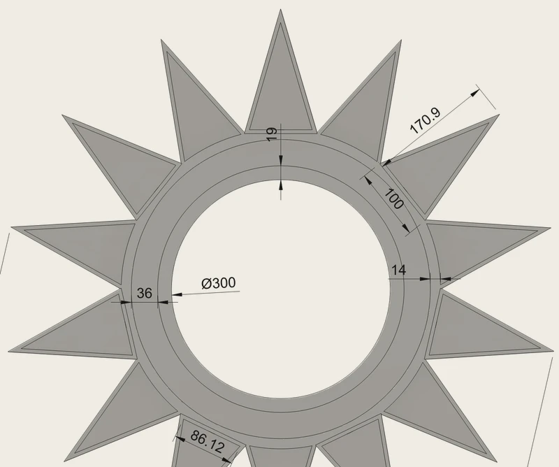 Dimensioned plan drawing of a sun motif for a Paris shop window display, with radiating points around a 300 mm opening
