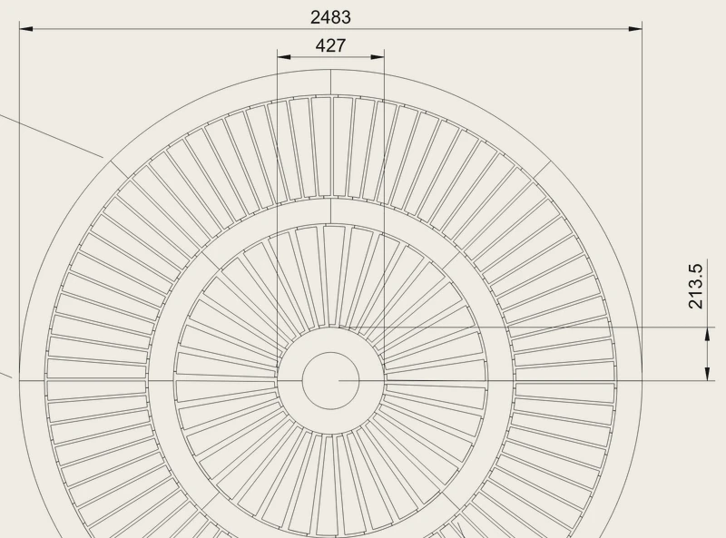 Dimensioned plan drawing of the radial sauna ceiling, 2483 mm across